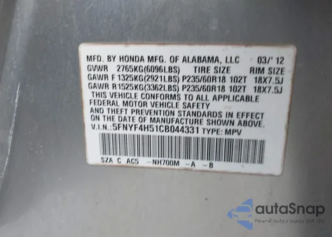 2012 Honda Pilot Ex-L из США, поврежденный, VIN 5FNYF4H51CB044331